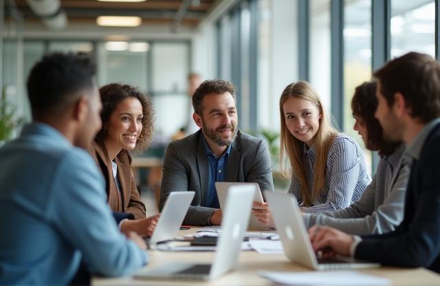 Diverse team collaborating in a modern office